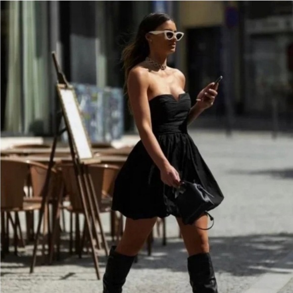 Zara Black Voluminous Bubble Mini Dress Event Evening Cocktail Wedding Guest - Picture 1 of 10